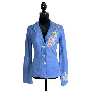 JOHNNY WAS Blue Floral Embroidered Jacket Button Small Boho Whimsy